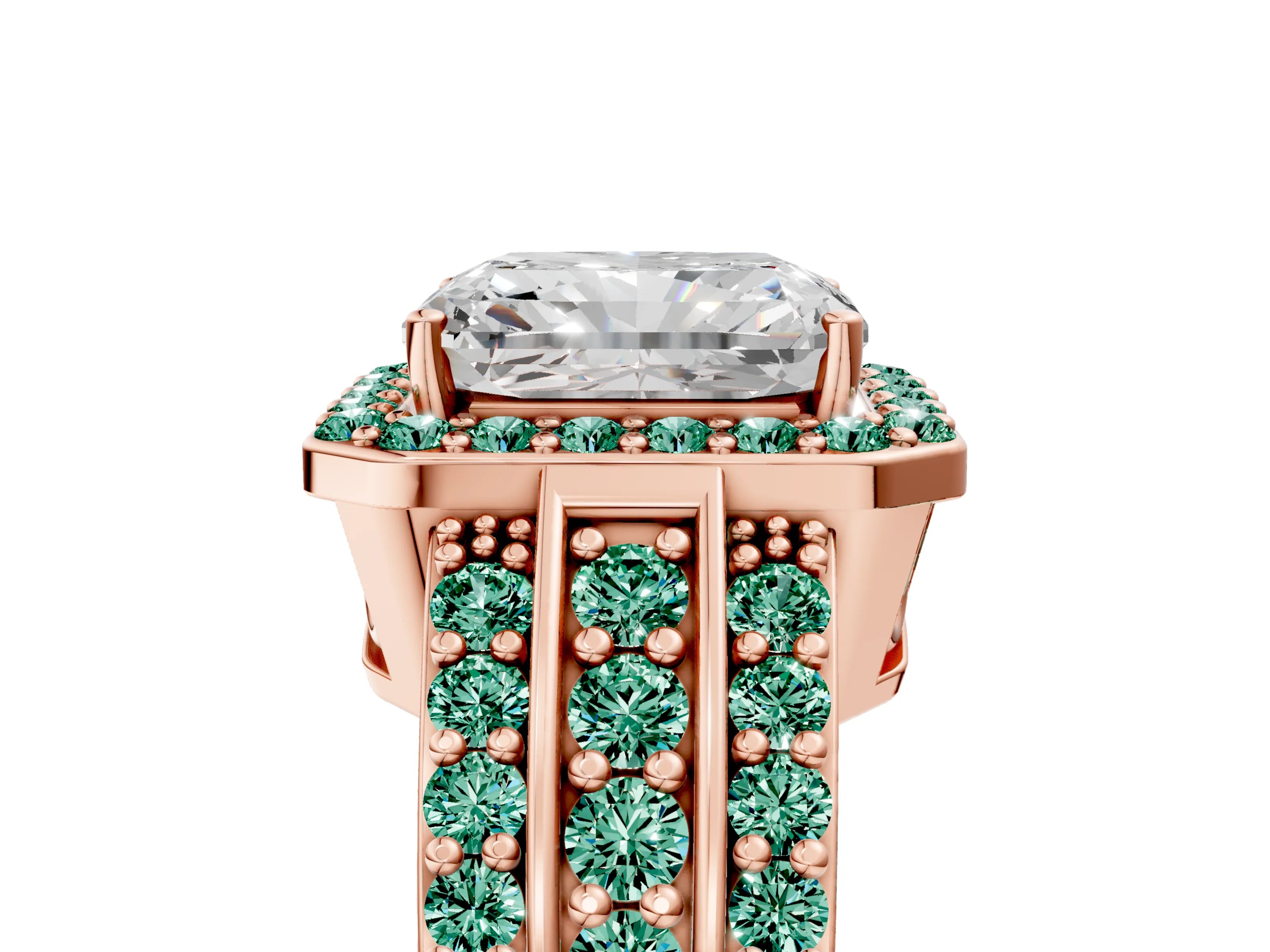 Rose gold Radiant Cut Halo Diamond Ring with Round with Green Sapphire side stone Split Shank and Prong Setting_5