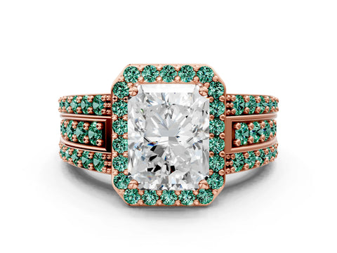 Rose gold Radiant Cut Halo Diamond Ring with Round with Green Sapphire side stone Split Shank and Prong Setting