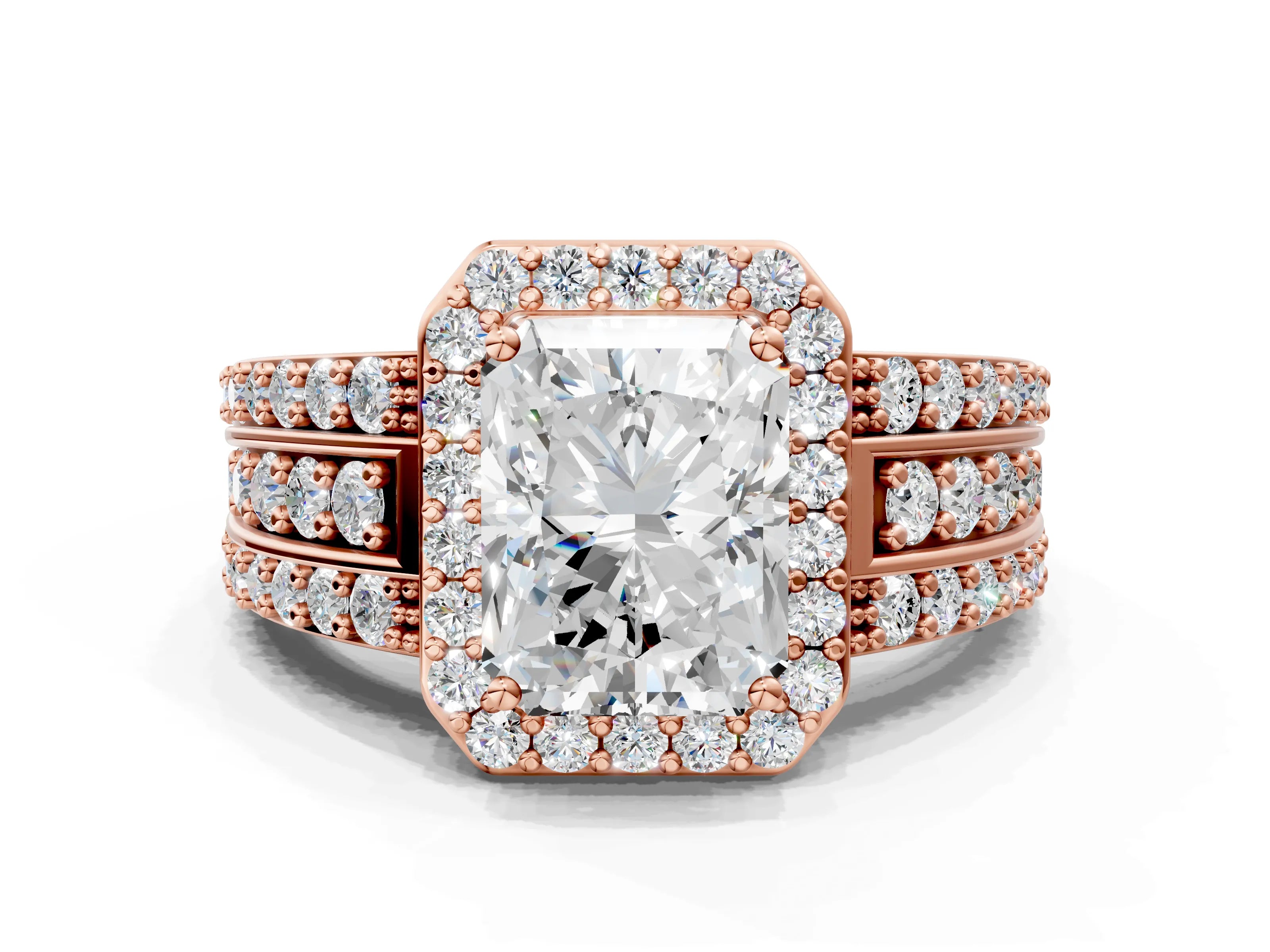 Rose gold Radiant Cut Halo Diamond Ring with Round with Moissanite side stone Split Shank and Prong Setting
