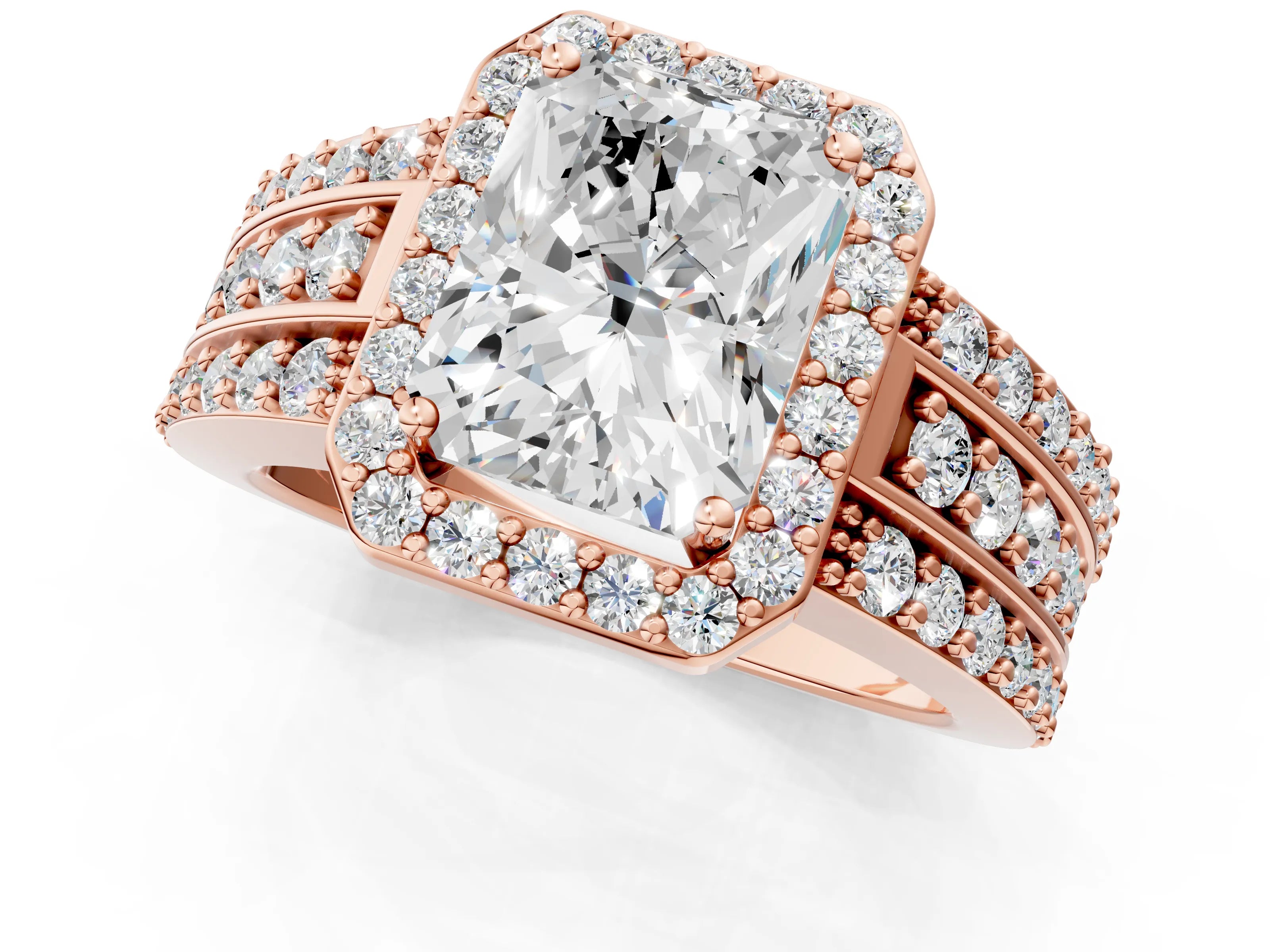 Rose gold Radiant Cut Halo Diamond Ring with Round with Moissanite side stone Split Shank and Prong Setting_1