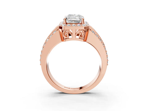 Rose gold Radiant Cut Halo Diamond Ring with Round with Moissanite side stone Split Shank and Prong Setting_3