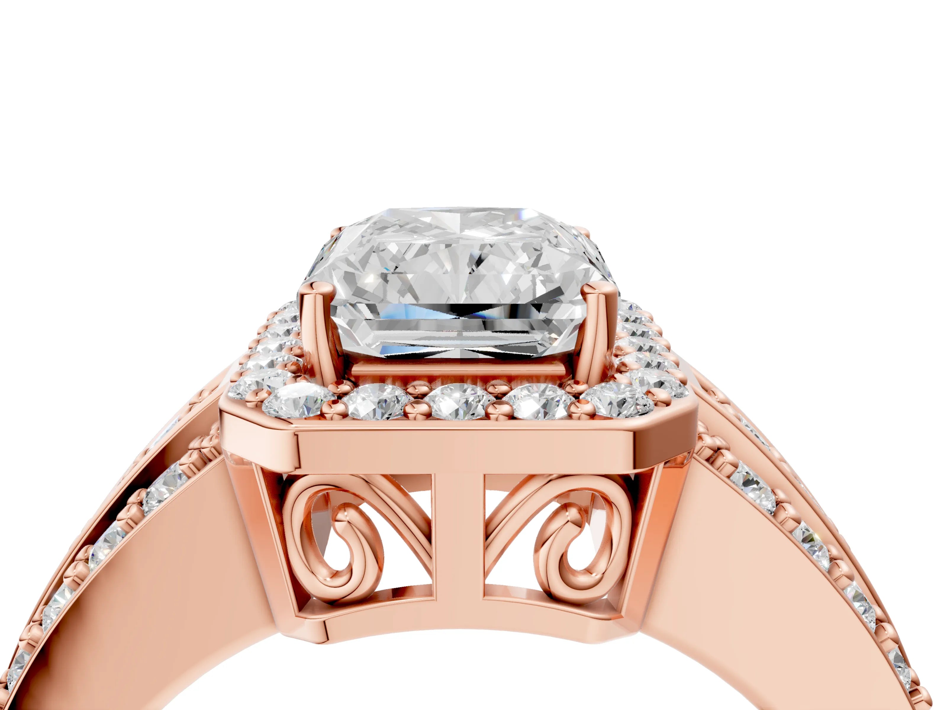 Rose gold Radiant Cut Halo Diamond Ring with Round with Moissanite side stone Split Shank and Prong Setting_4
