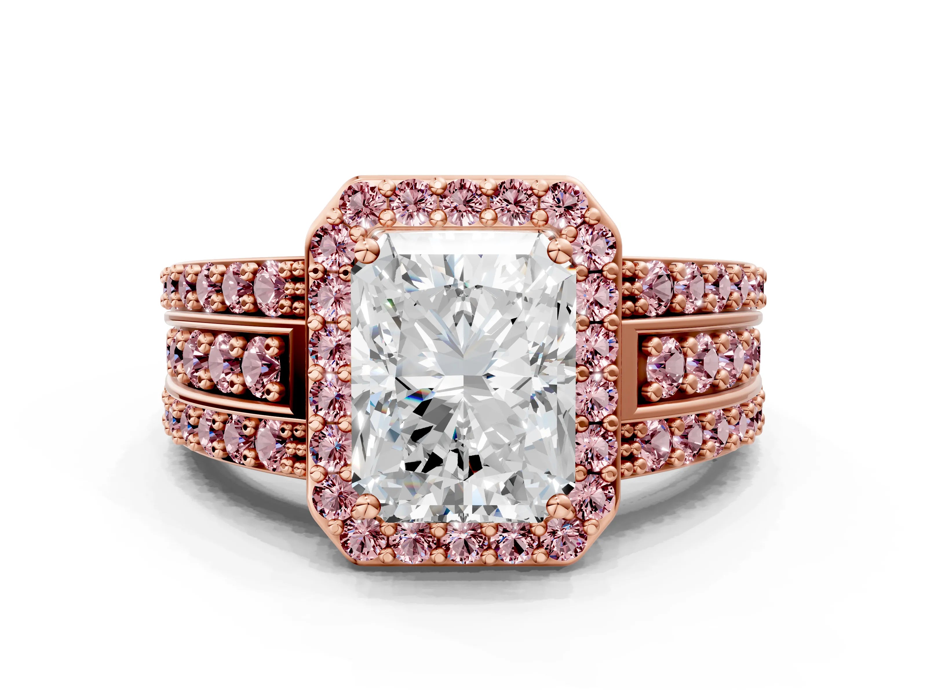 Rose gold Radiant Cut Halo Diamond Ring with Round with Morganite side stone Split Shank and Prong Setting