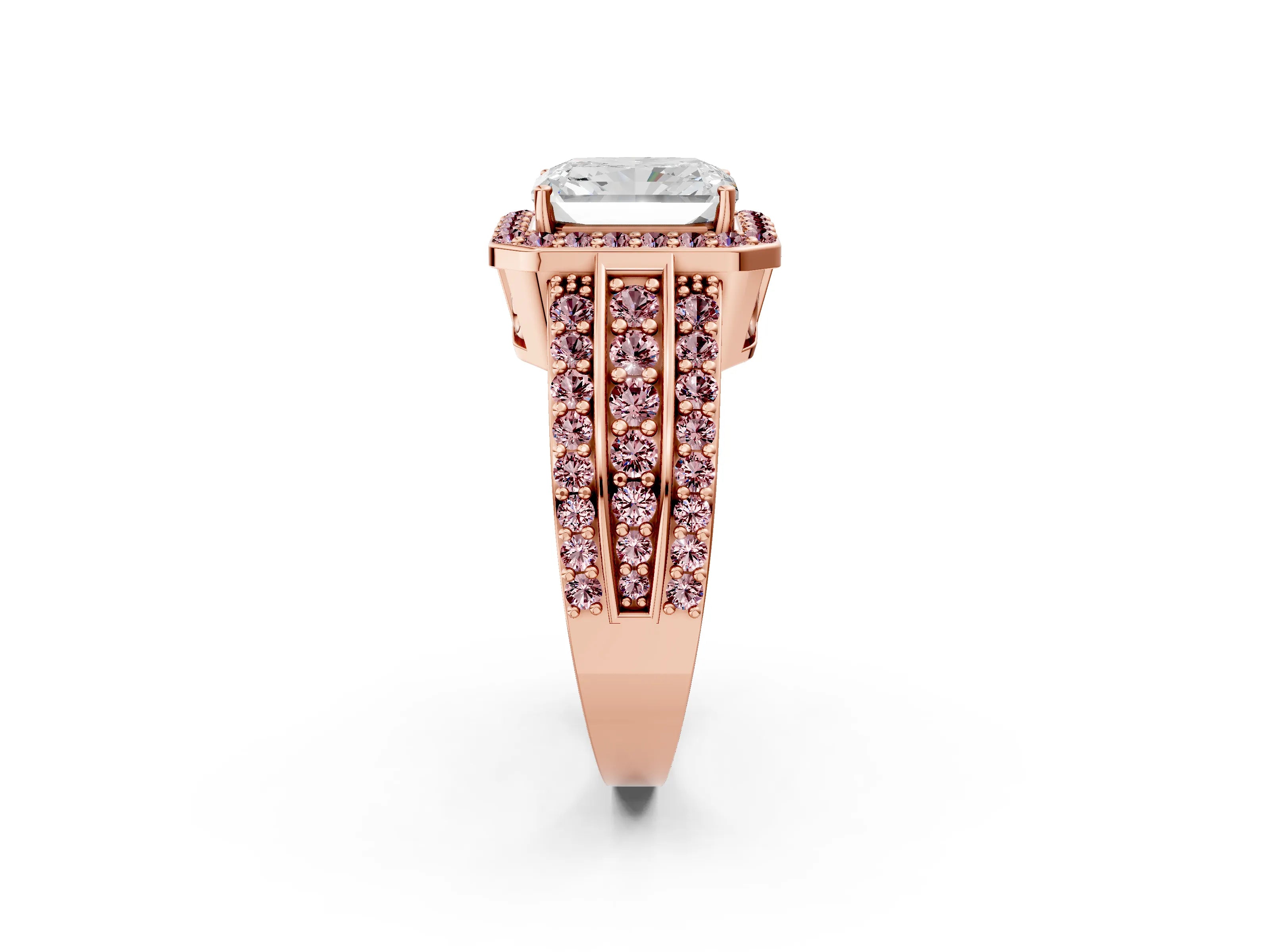 Rose gold Radiant Cut Halo Diamond Ring with Round with Morganite side stone Split Shank and Prong Setting_2