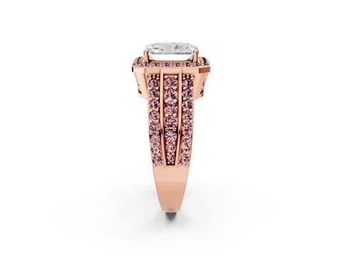 Rose gold Radiant Cut Halo Diamond Ring with Round with Morganite side stone Split Shank and Prong Setting_2