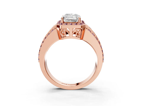 Rose gold Radiant Cut Halo Diamond Ring with Round with Morganite side stone Split Shank and Prong Setting_3