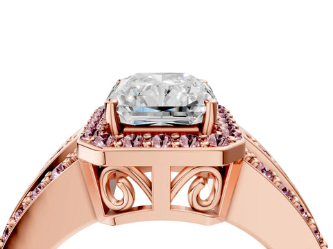 Rose gold Radiant Cut Halo Diamond Ring with Round with Morganite side stone Split Shank and Prong Setting_4