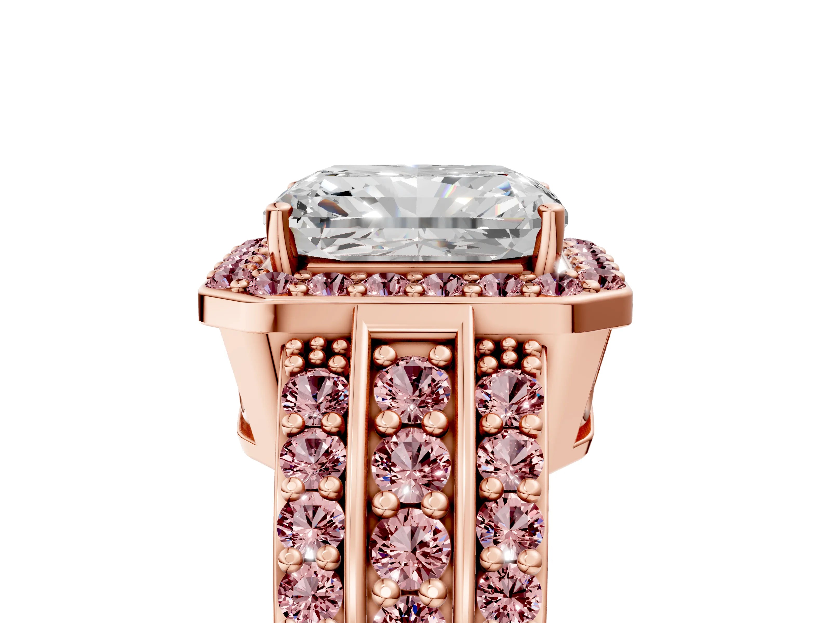 Rose gold Radiant Cut Halo Diamond Ring with Round with Morganite side stone Split Shank and Prong Setting_5