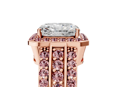 Rose gold Radiant Cut Halo Diamond Ring with Round with Morganite side stone Split Shank and Prong Setting_5