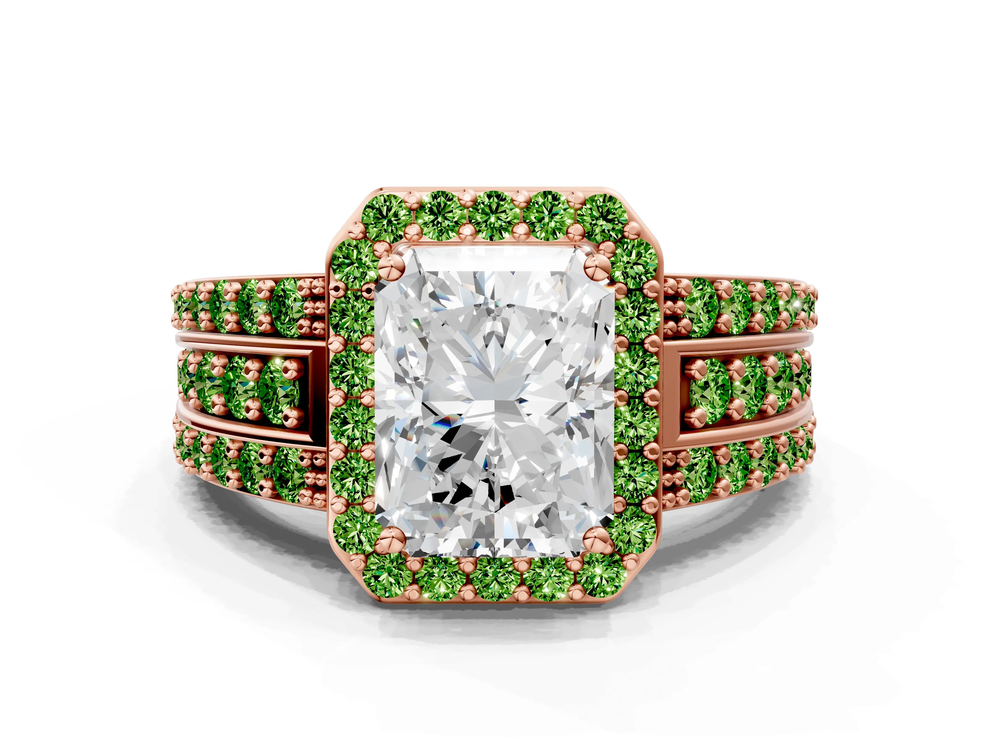 Rose gold Radiant Cut Halo Diamond Ring with Round with Peridot side stone Split Shank and Prong Setting