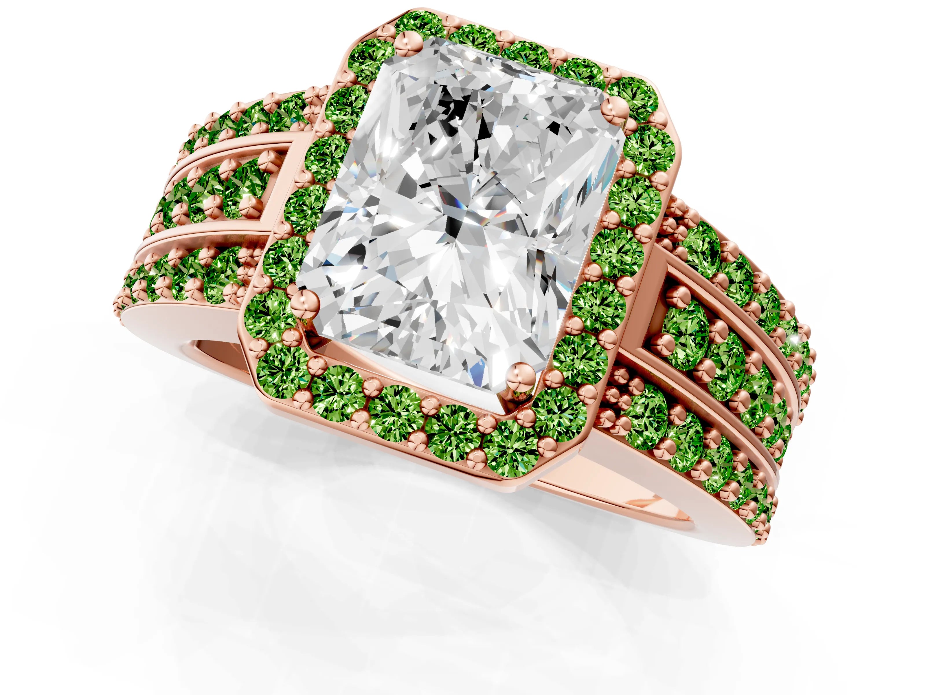 Rose gold Radiant Cut Halo Diamond Ring with Round with Peridot side stone Split Shank and Prong Setting_1