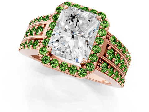Rose gold Radiant Cut Halo Diamond Ring with Round with Peridot side stone Split Shank and Prong Setting_1