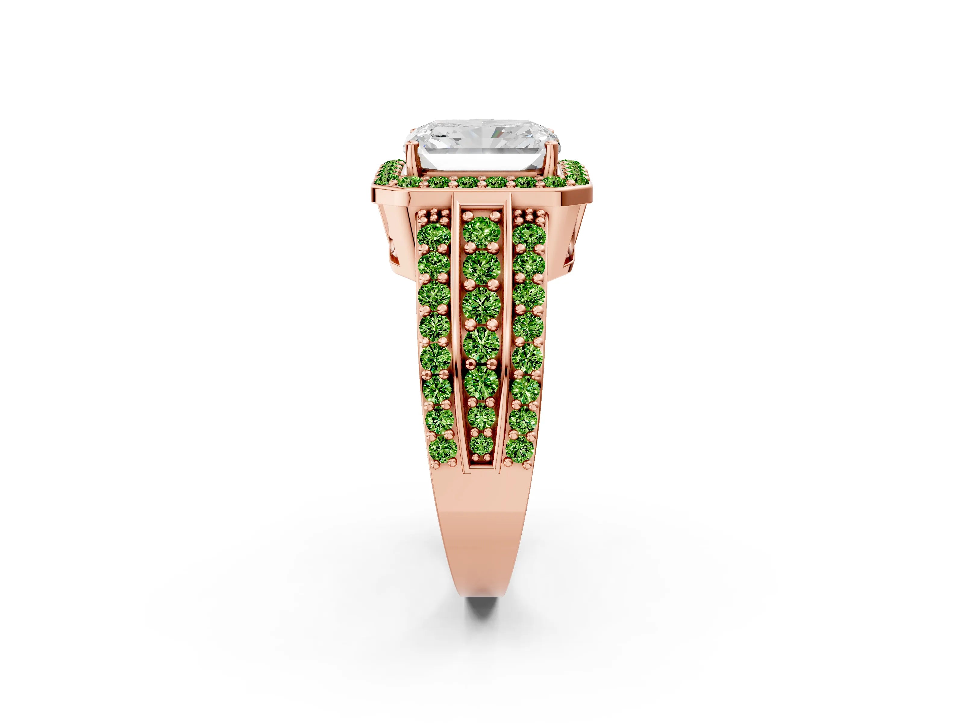 Rose gold Radiant Cut Halo Diamond Ring with Round with Peridot side stone Split Shank and Prong Setting_2