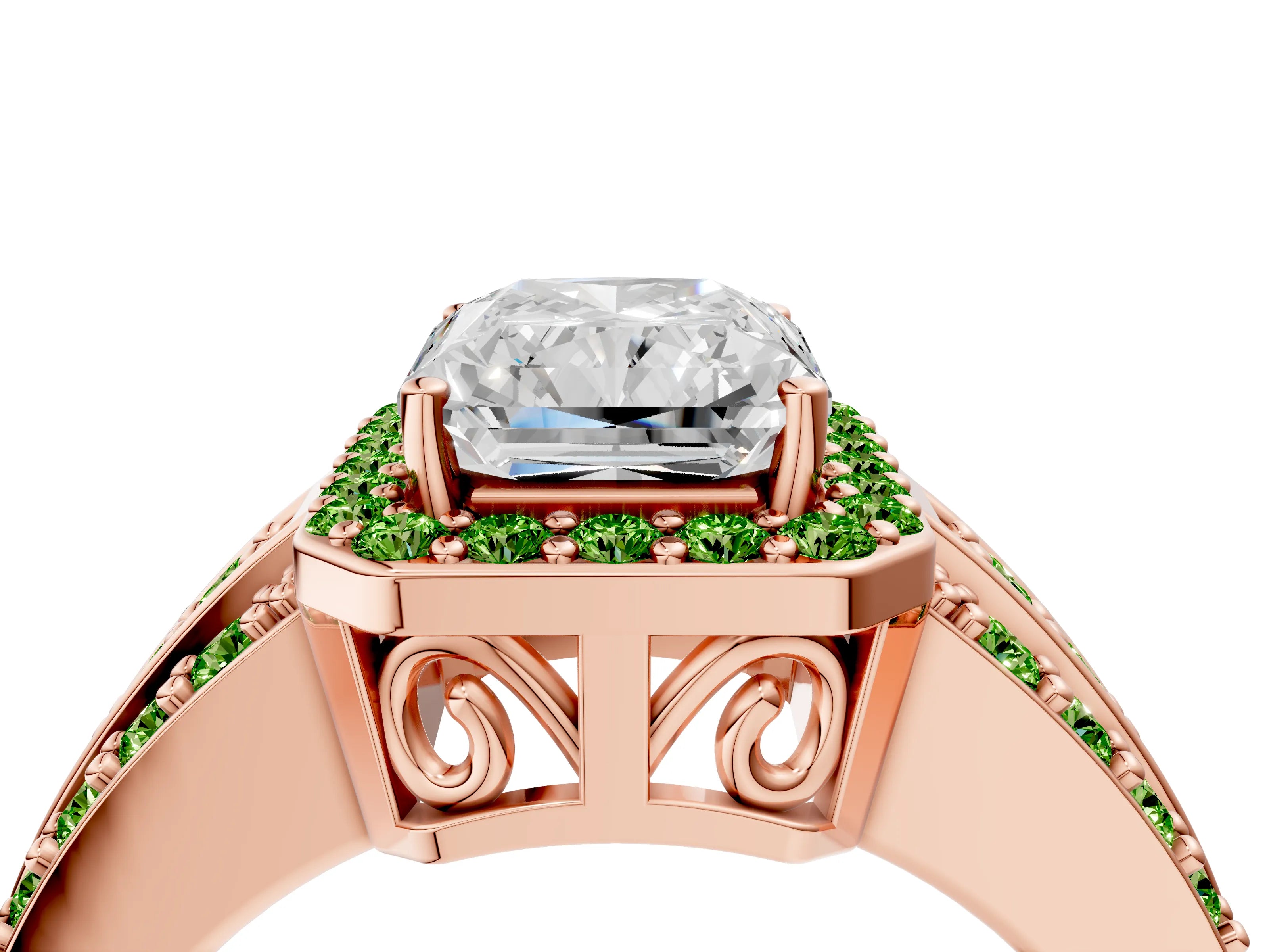 Rose gold Radiant Cut Halo Diamond Ring with Round with Peridot side stone Split Shank and Prong Setting_4
