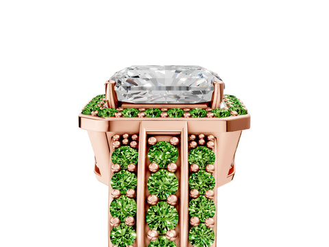 Rose gold Radiant Cut Halo Diamond Ring with Round with Peridot side stone Split Shank and Prong Setting_5