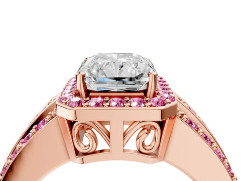 Rose gold Radiant Cut Halo Diamond Ring with Round with Pink Sapphire side stone Split Shank and Prong Setting_4