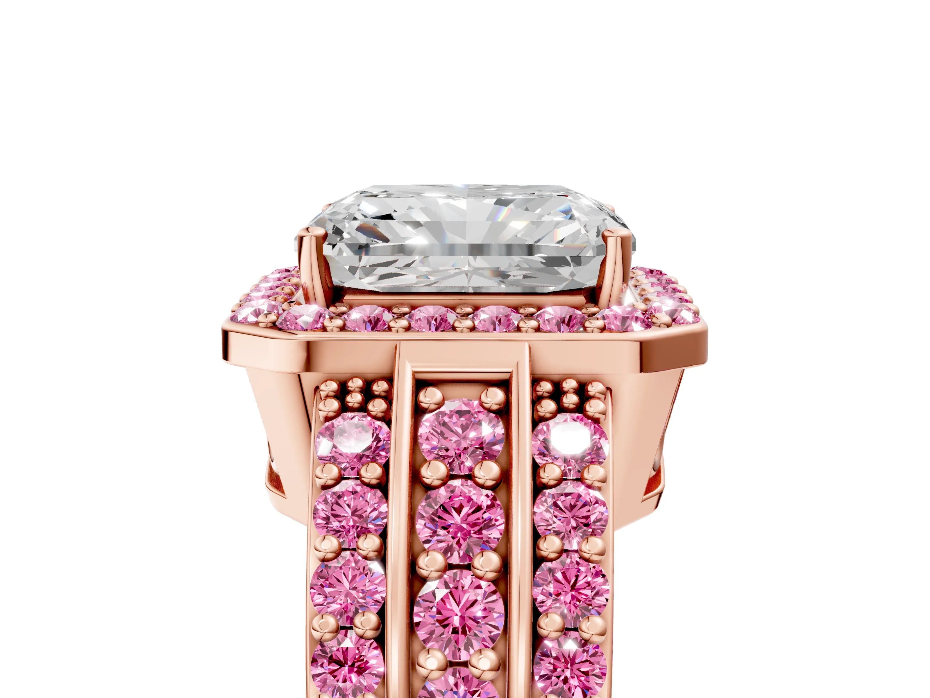 Rose gold Radiant Cut Halo Diamond Ring with Round with Pink Sapphire side stone Split Shank and Prong Setting_5