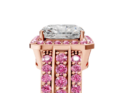 Rose gold Radiant Cut Halo Diamond Ring with Round with Pink Sapphire side stone Split Shank and Prong Setting_5