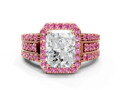Rose gold Radiant Cut Halo Diamond Ring with Round with Pink Sapphire side stone Split Shank and Prong Setting