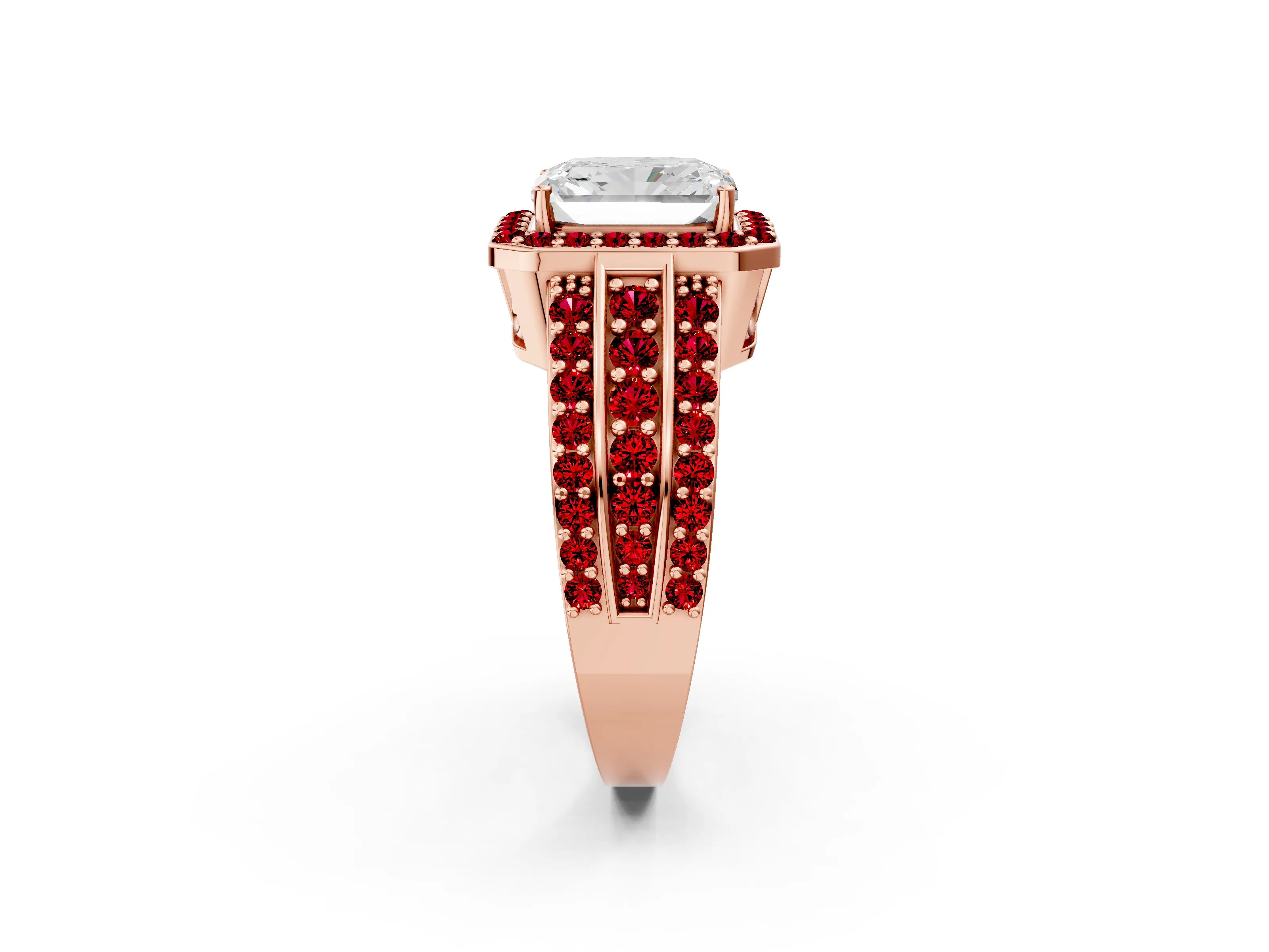 Rose gold Radiant Cut Halo Diamond Ring with Round with Ruby side stone Split Shank and Prong Setting_2