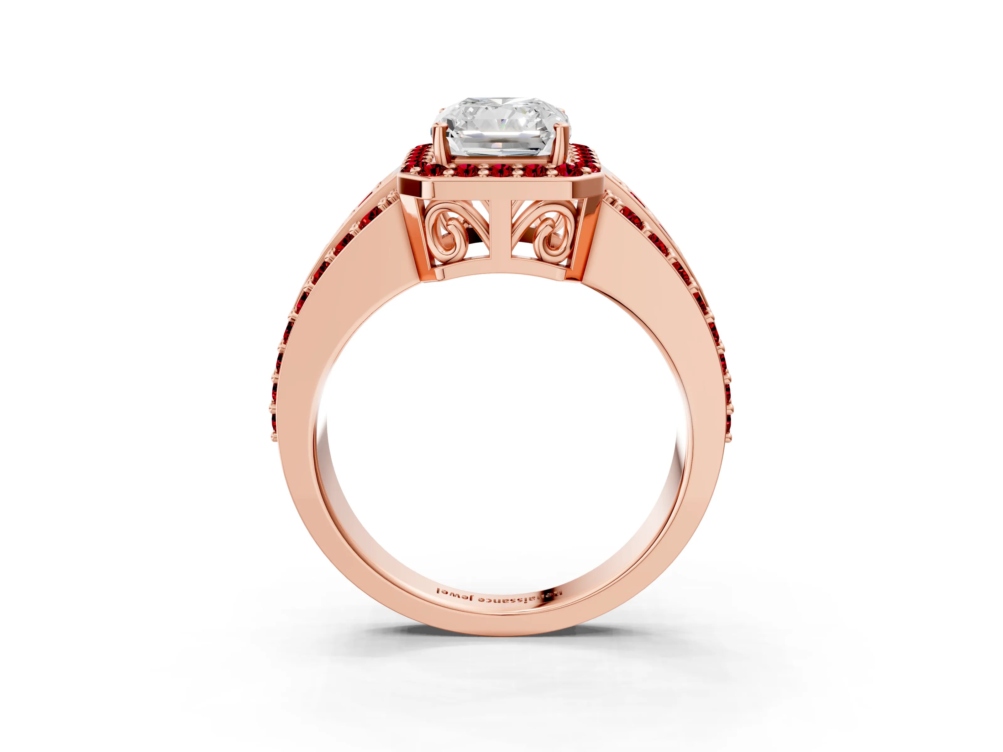 Rose gold Radiant Cut Halo Diamond Ring with Round with Ruby side stone Split Shank and Prong Setting_3