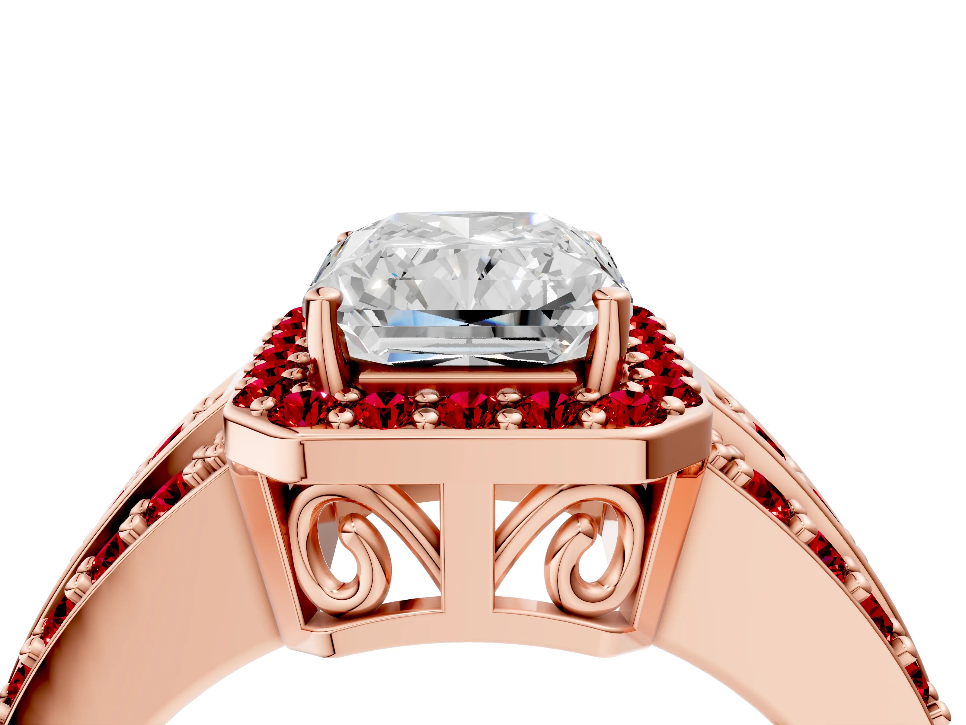 Rose gold Radiant Cut Halo Diamond Ring with Round with Ruby side stone Split Shank and Prong Setting_4