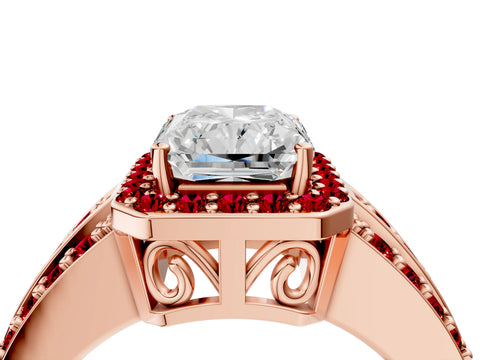 Rose gold Radiant Cut Halo Diamond Ring with Round with Ruby side stone Split Shank and Prong Setting_4