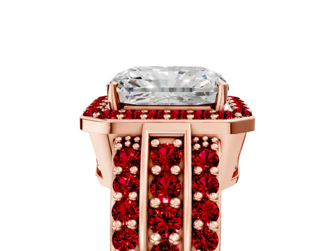 Rose gold Radiant Cut Halo Diamond Ring with Round with Ruby side stone Split Shank and Prong Setting_5