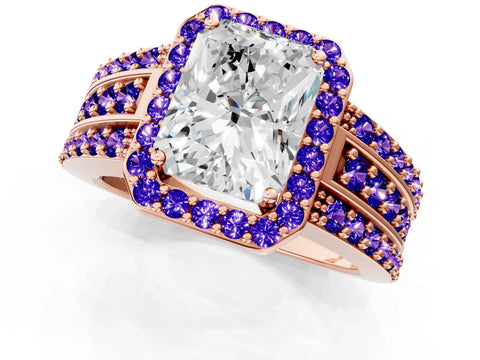 Rose gold Radiant Cut Halo Diamond Ring with Round with Tanzanite side stone Split Shank and Prong Setting_1