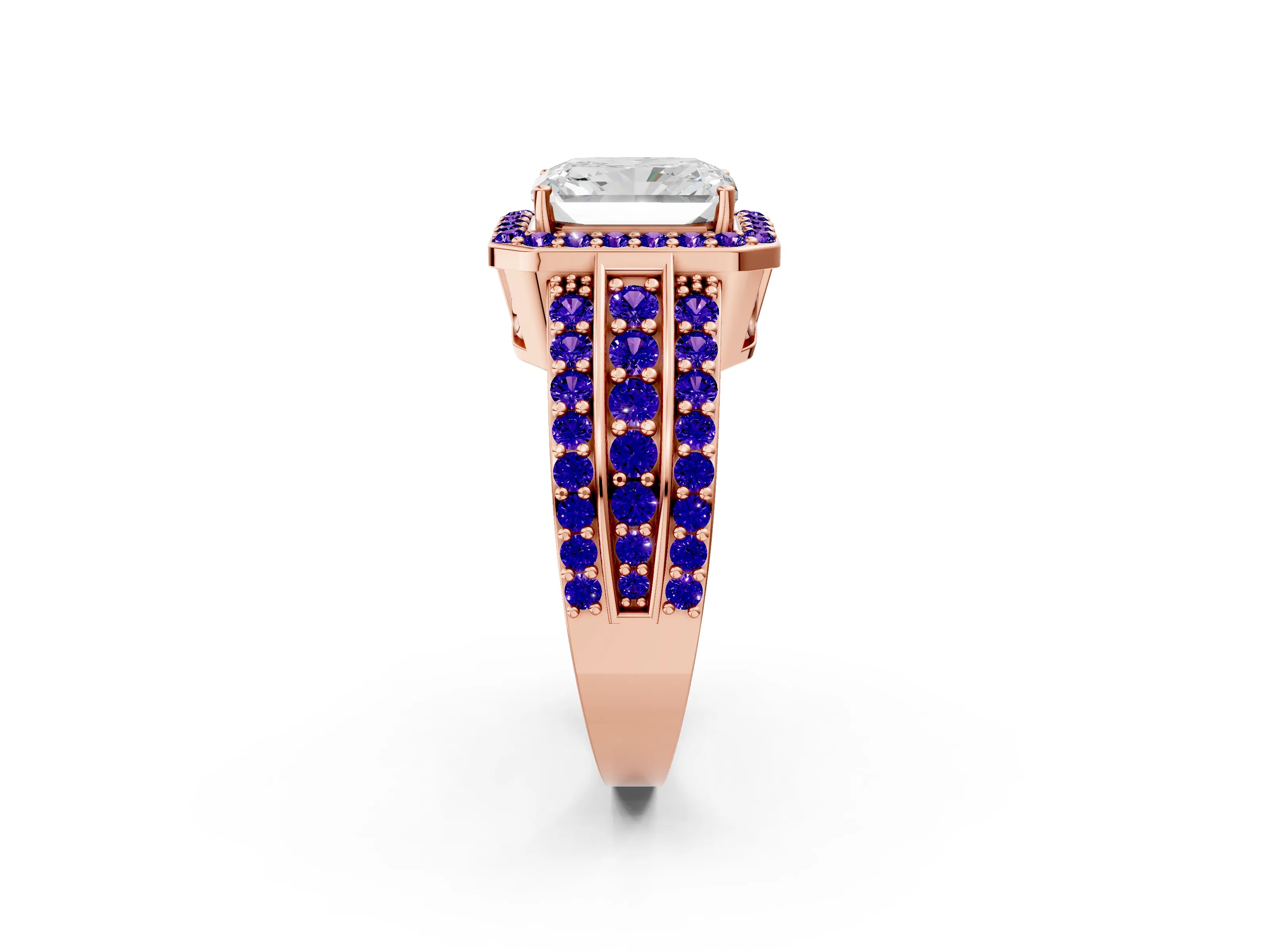 Rose gold Radiant Cut Halo Diamond Ring with Round with Tanzanite side stone Split Shank and Prong Setting_2