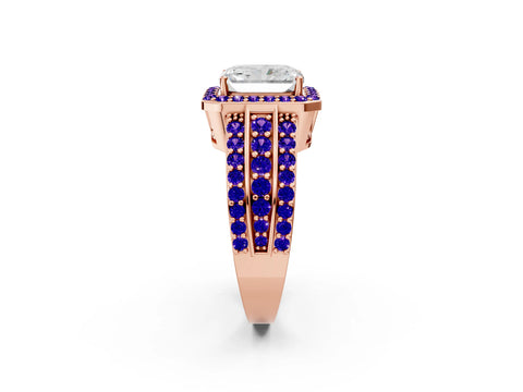 Rose gold Radiant Cut Halo Diamond Ring with Round with Tanzanite side stone Split Shank and Prong Setting_2