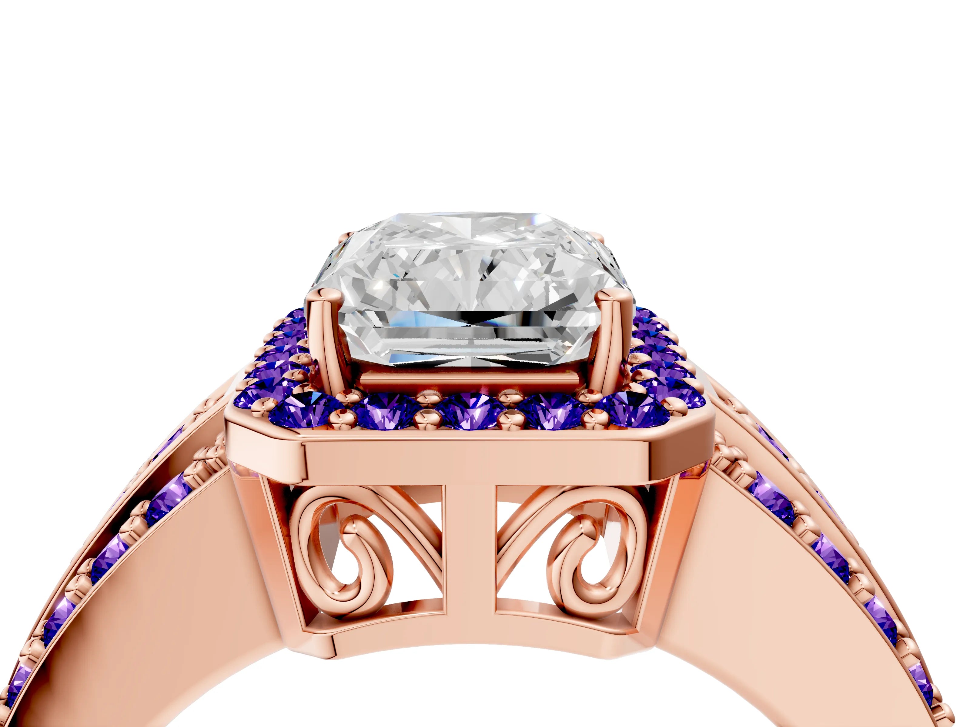 Rose gold Radiant Cut Halo Diamond Ring with Round with Tanzanite side stone Split Shank and Prong Setting_4