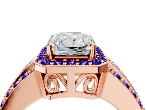 Rose gold Radiant Cut Halo Diamond Ring with Round with Tanzanite side stone Split Shank and Prong Setting_4