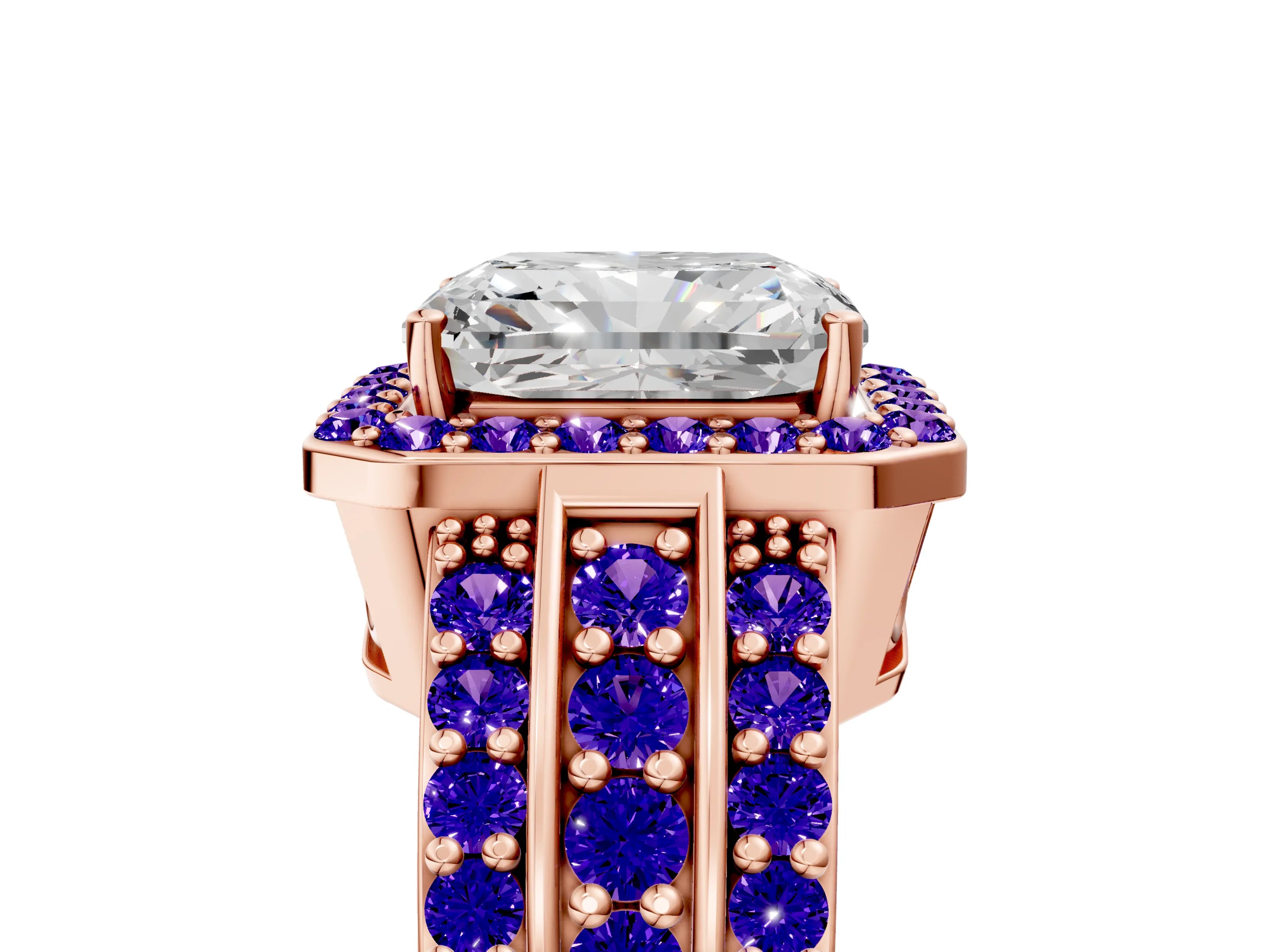 Rose gold Radiant Cut Halo Diamond Ring with Round with Tanzanite side stone Split Shank and Prong Setting_5