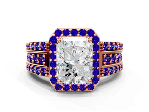Rose gold Radiant Cut Halo Diamond Ring with Round with Tanzanite side stone Split Shank and Prong Setting