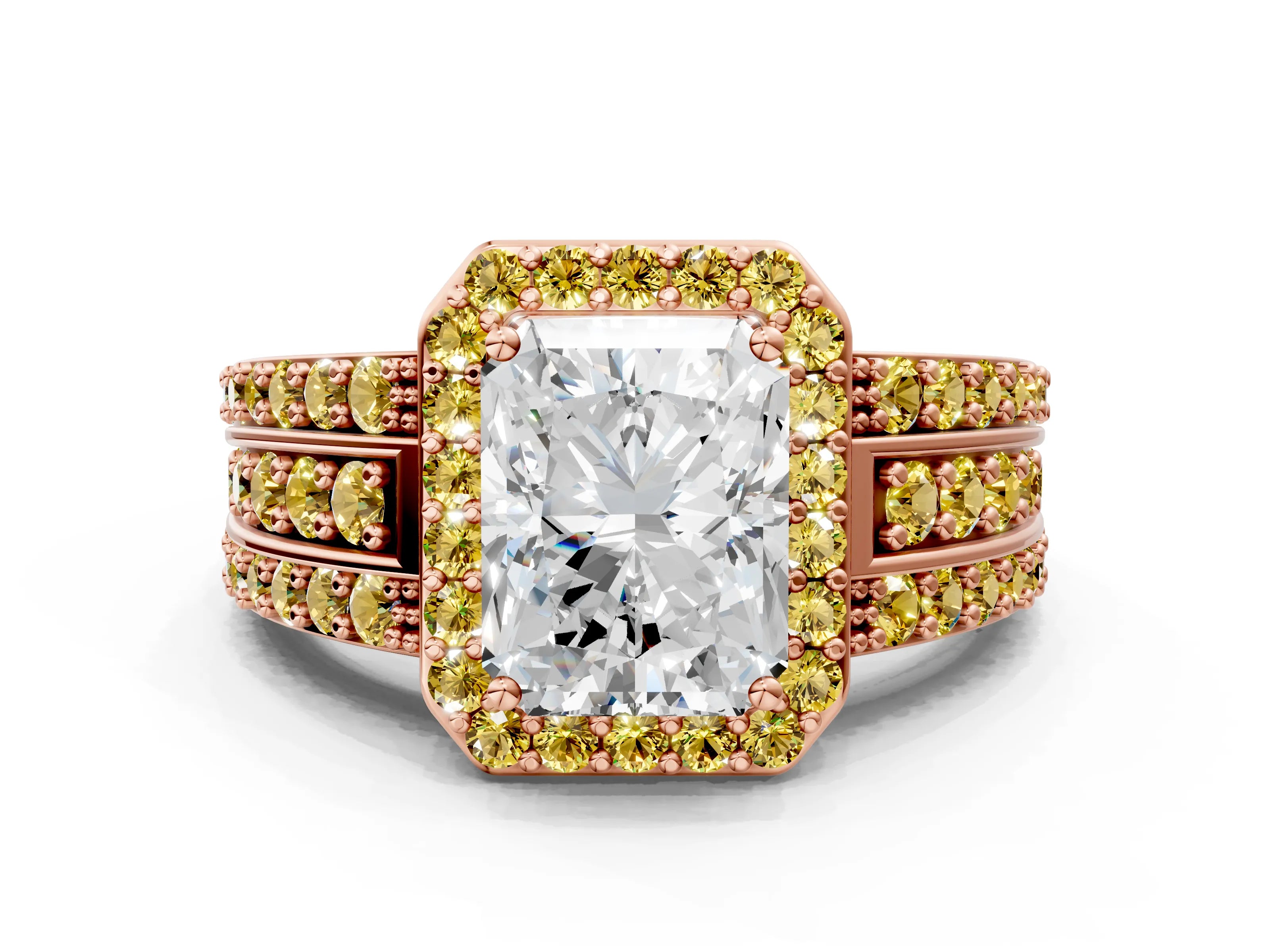 Rose gold Radiant Cut Halo Diamond Ring with Round with Yellow Sapphire side stone Split Shank and Prong Setting