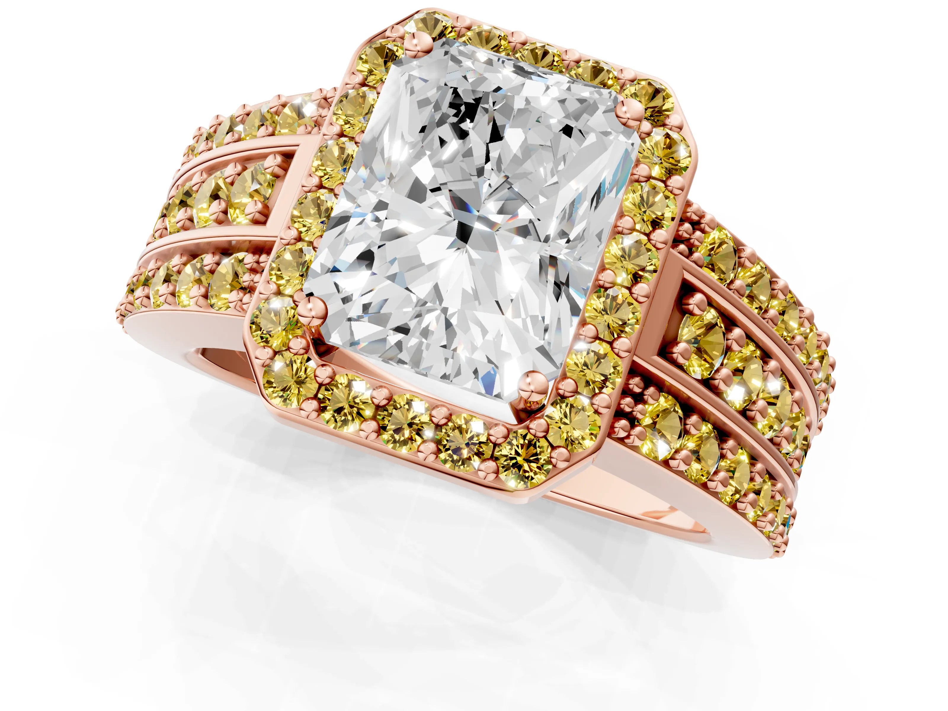Rose gold Radiant Cut Halo Diamond Ring with Round with Yellow Sapphire side stone Split Shank and Prong Setting_1