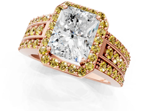 Rose gold Radiant Cut Halo Diamond Ring with Round with Yellow Sapphire side stone Split Shank and Prong Setting_1