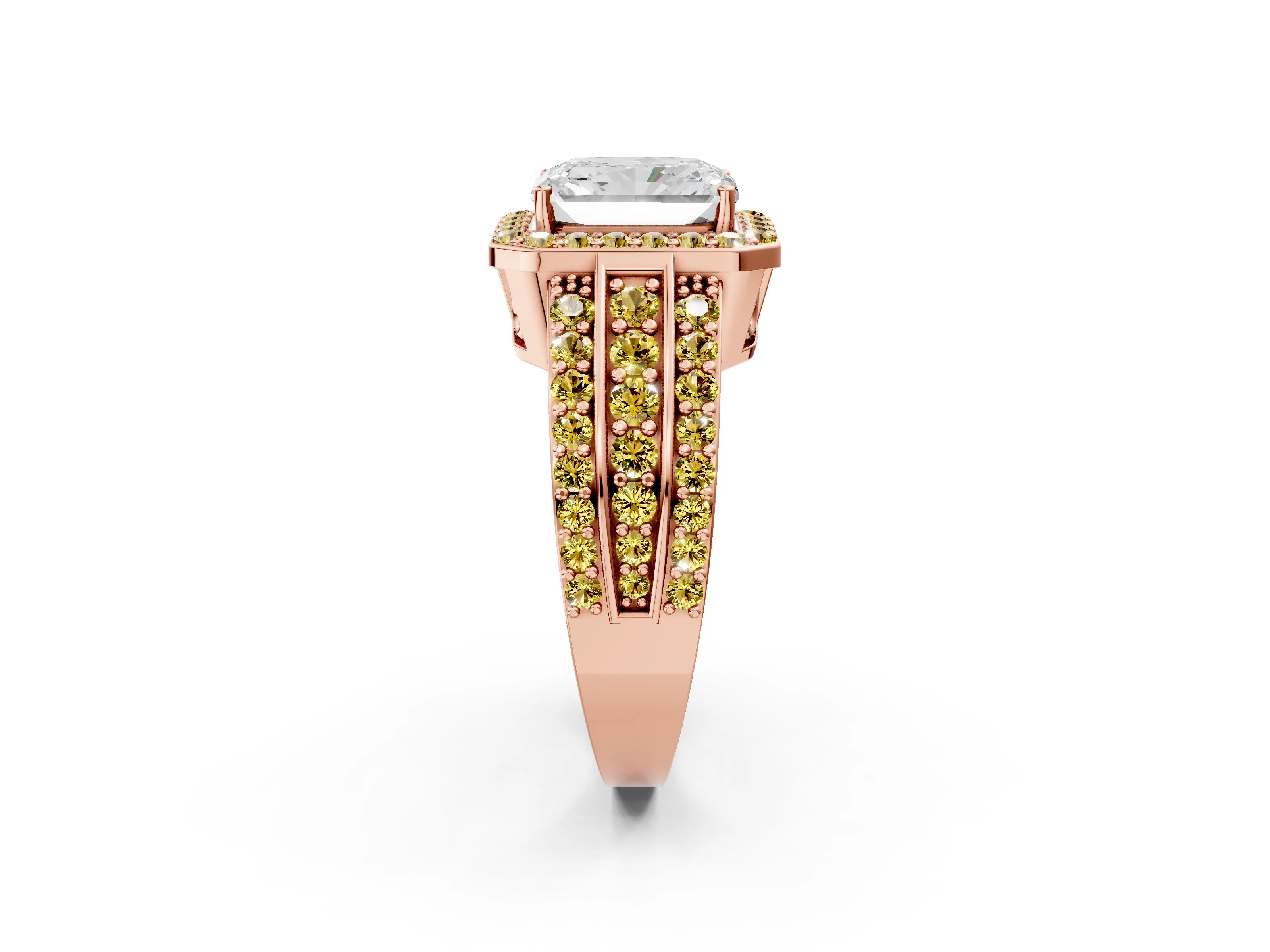 Rose gold Radiant Cut Halo Diamond Ring with Round with Yellow Sapphire side stone Split Shank and Prong Setting_2