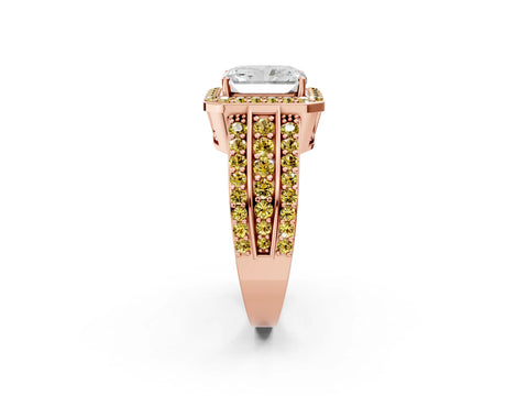 Rose gold Radiant Cut Halo Diamond Ring with Round with Yellow Sapphire side stone Split Shank and Prong Setting_2