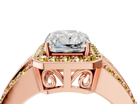 Rose gold Radiant Cut Halo Diamond Ring with Round with Yellow Sapphire side stone Split Shank and Prong Setting_4