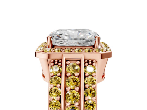Rose gold Radiant Cut Halo Diamond Ring with Round with Yellow Sapphire side stone Split Shank and Prong Setting_5