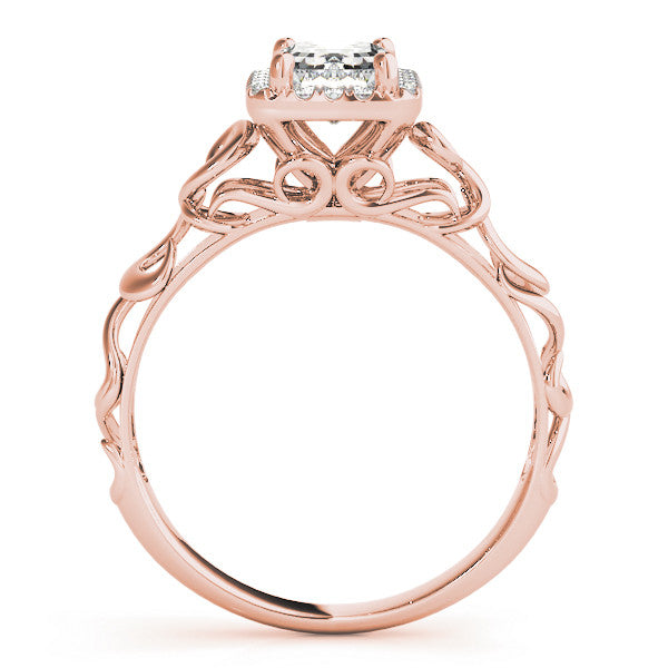 Rose gold Radiant Cut Halo Diamond Ring with Scrollwork Band and Four-Prong Setting