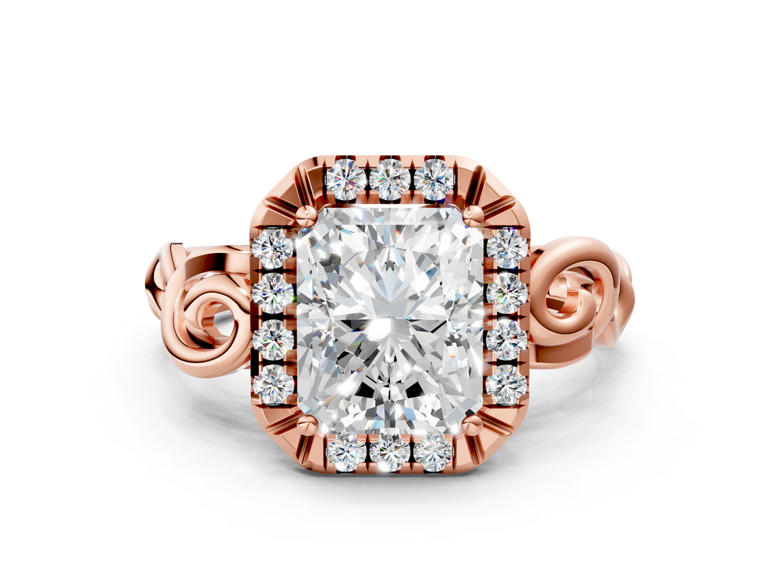 Rose gold Radiant Cut Halo Diamond Ring with Scrollwork Band and Four-Prong Setting_63