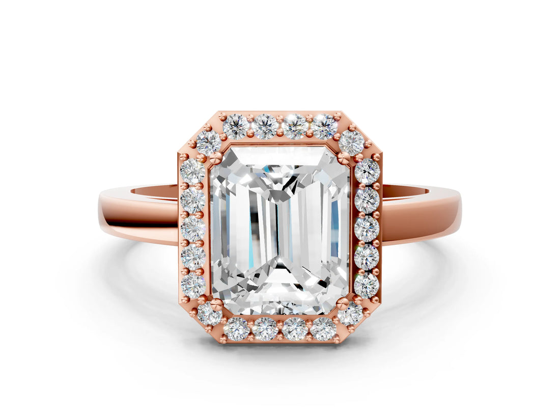 Rose gold Radiant Cut Halo Diamond Ring with Solitaire Band and Prong Setting_3
