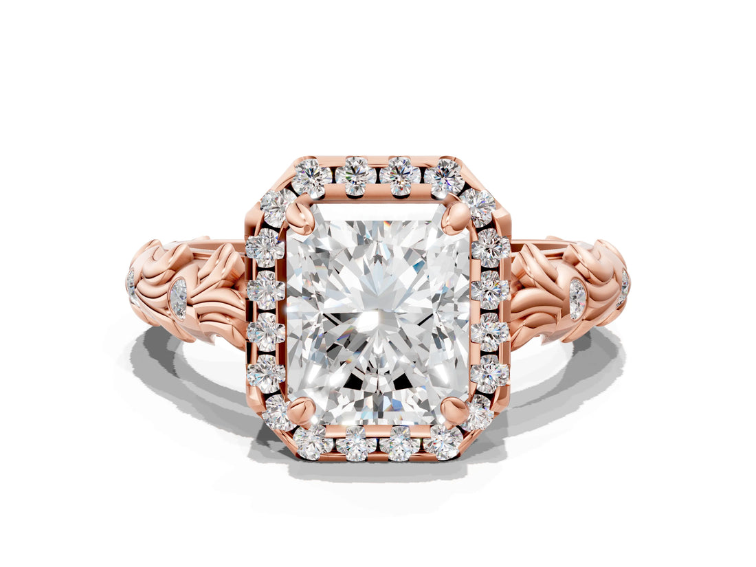 Rose gold Radiant Cut Halo Diamond Solitaire with Filigree Band and Four-Prong Setting_3