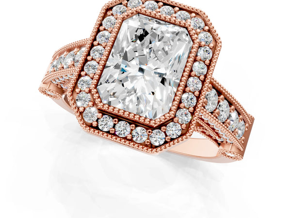 Rose Gold Radiant Cut Vintage Bezel Halo Engagement Ring Setting