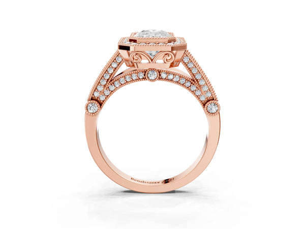 Rose Gold Radiant Cut Vintage Bezel Halo Engagement Ring Setting