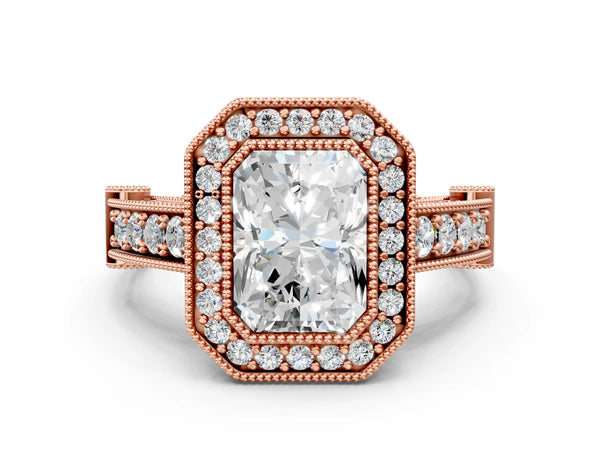 Rose Gold Radiant Cut Vintage Bezel Halo Engagement Ring Setting