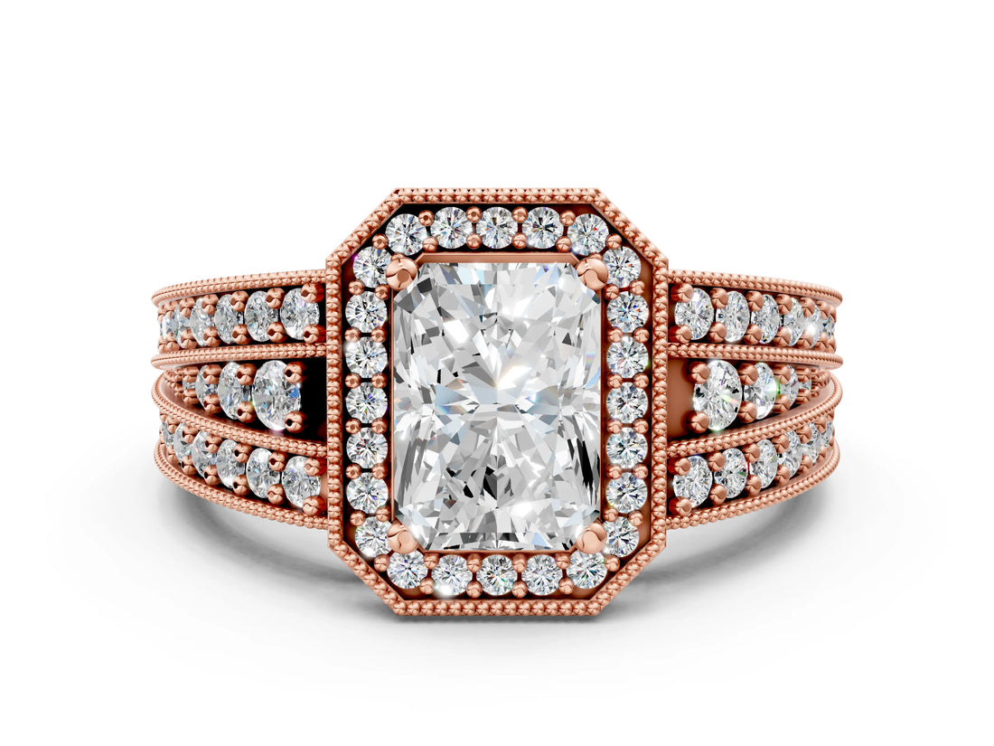 Rose gold Radiant Cut Halo Diamond Split Shank Ring with Prong Setting_15